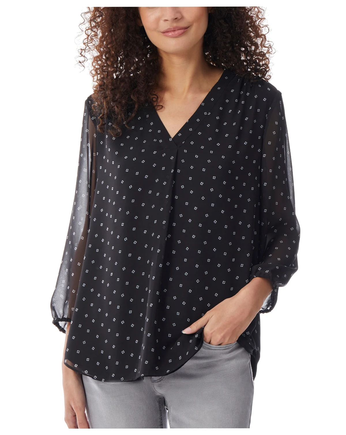 Women's V-Neck Pleat Front 3/4 Sleeve Tunic