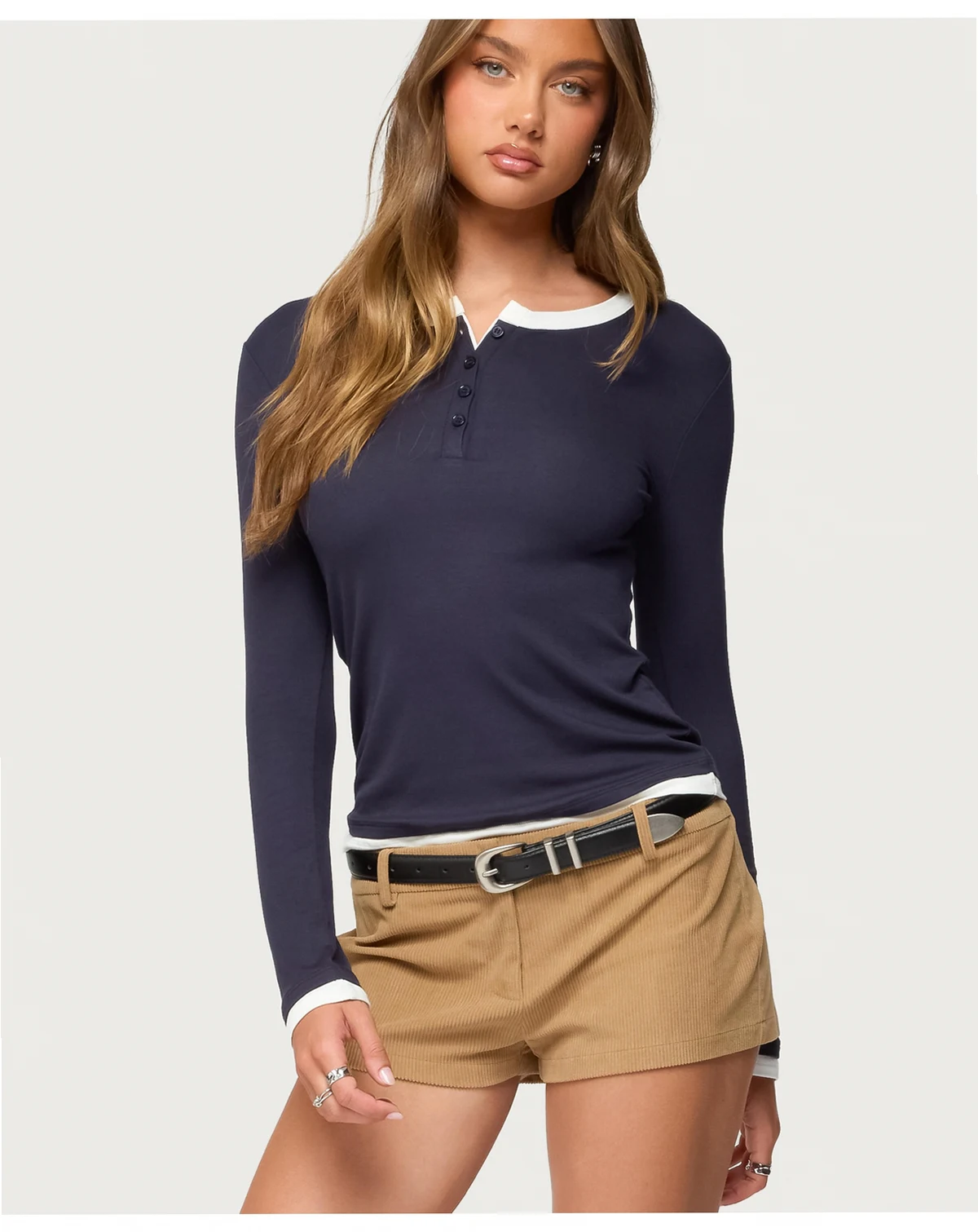 Women's Contrast Layered Look Henley Top