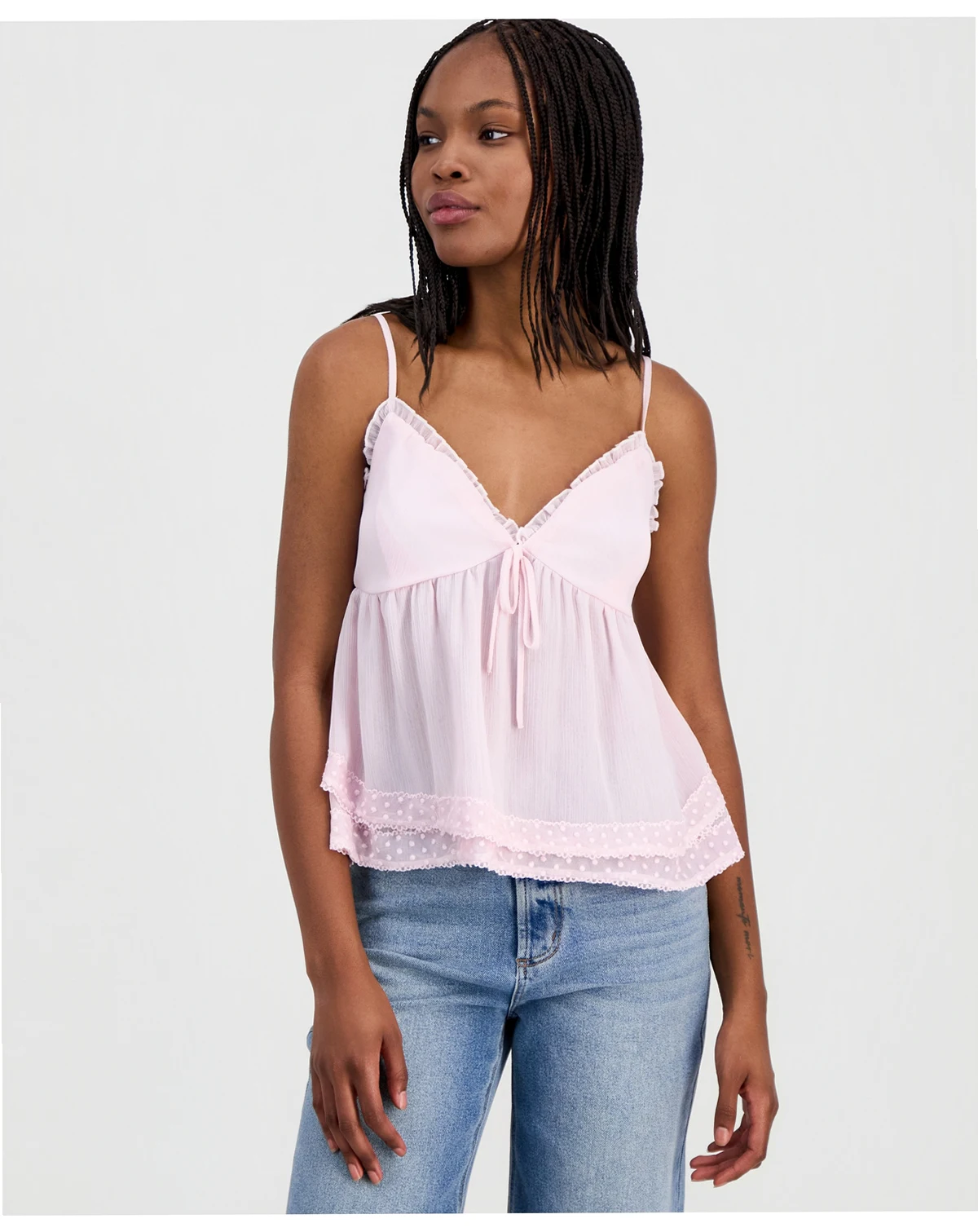 Juniors' Lace-Trim Babydoll Top