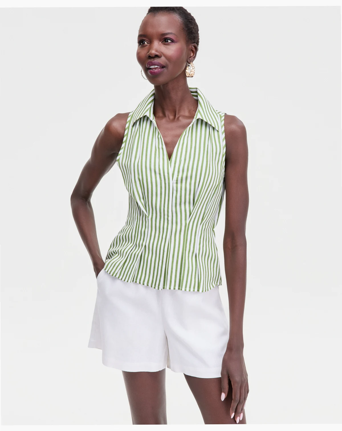 Women's Striped Linen Blend Sleeveless Collared Shirt, Macy's Exclusive