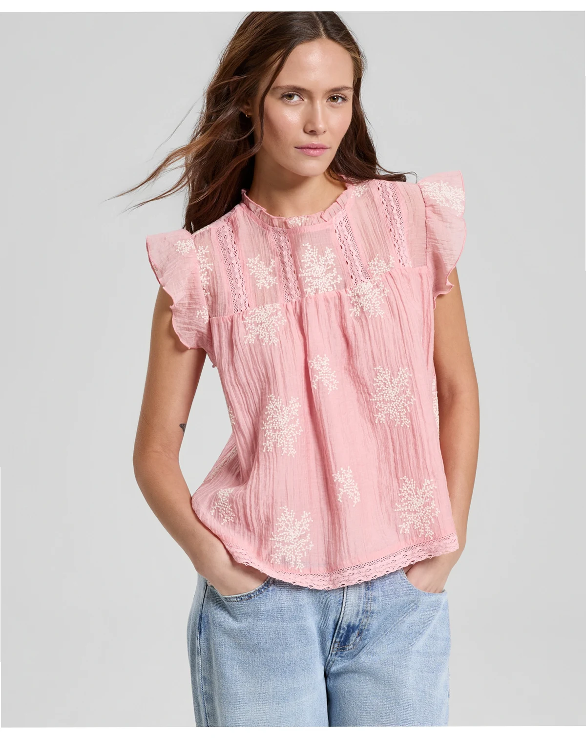 Women's Embroidered Flutter-Sleeve Top, Macy's Exclusive