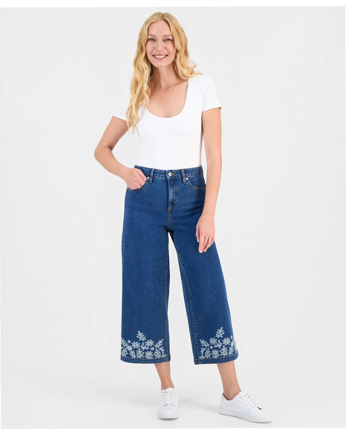 Women's Embroidered High-Rise Wide Leg Cropped Jeans, Macy's Exclusive