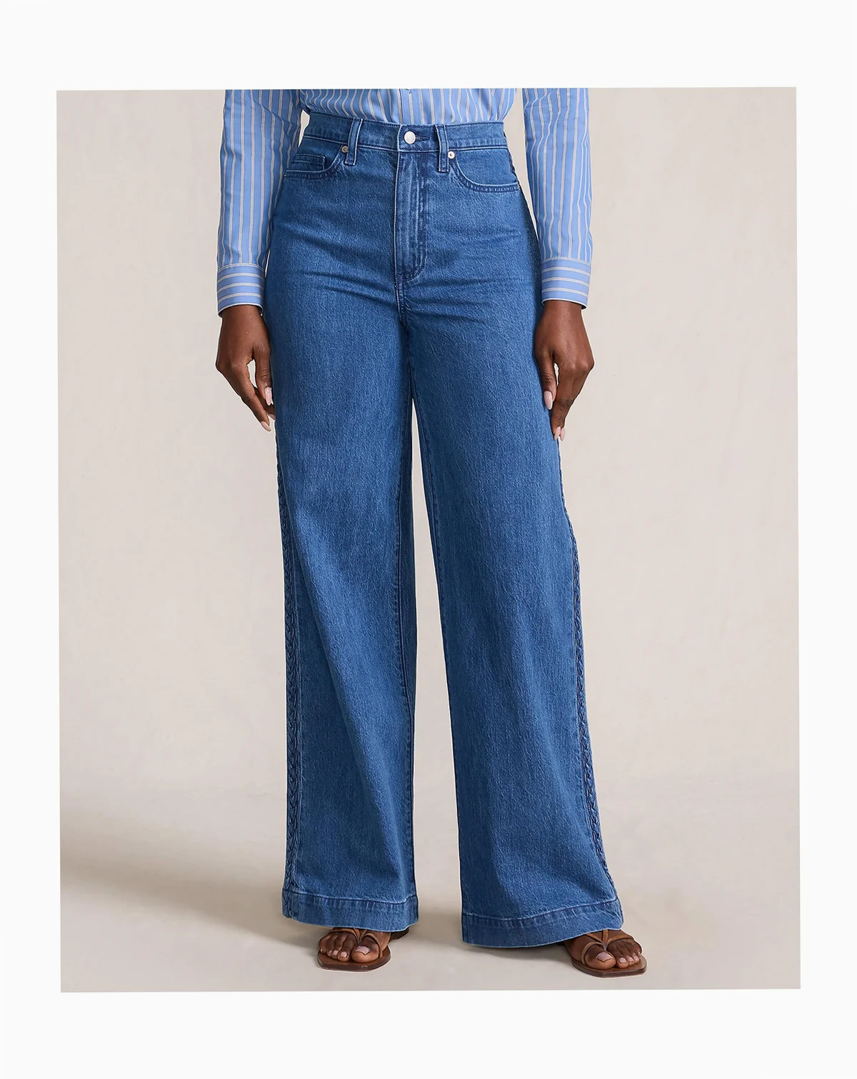Women's Soft Denim High Rise Wide Leg Braided Jeans