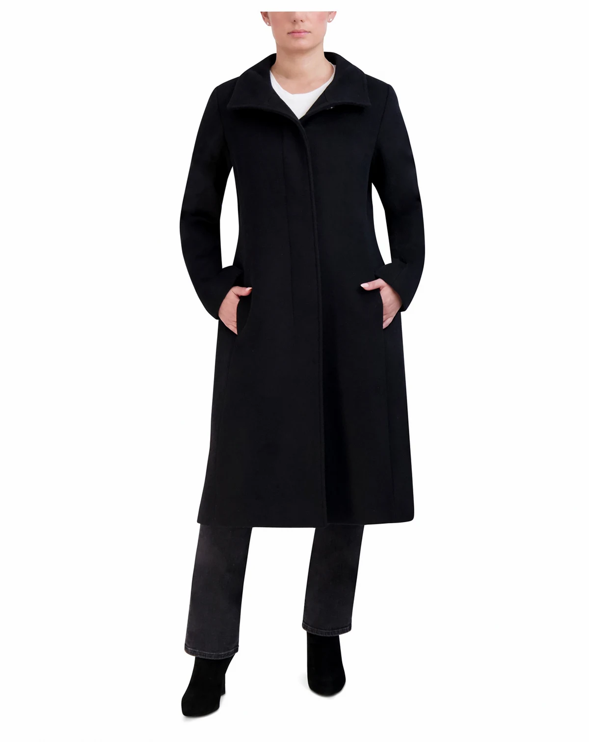 Womens Stand-Collar Single-Breasted Wool Blend Coat
