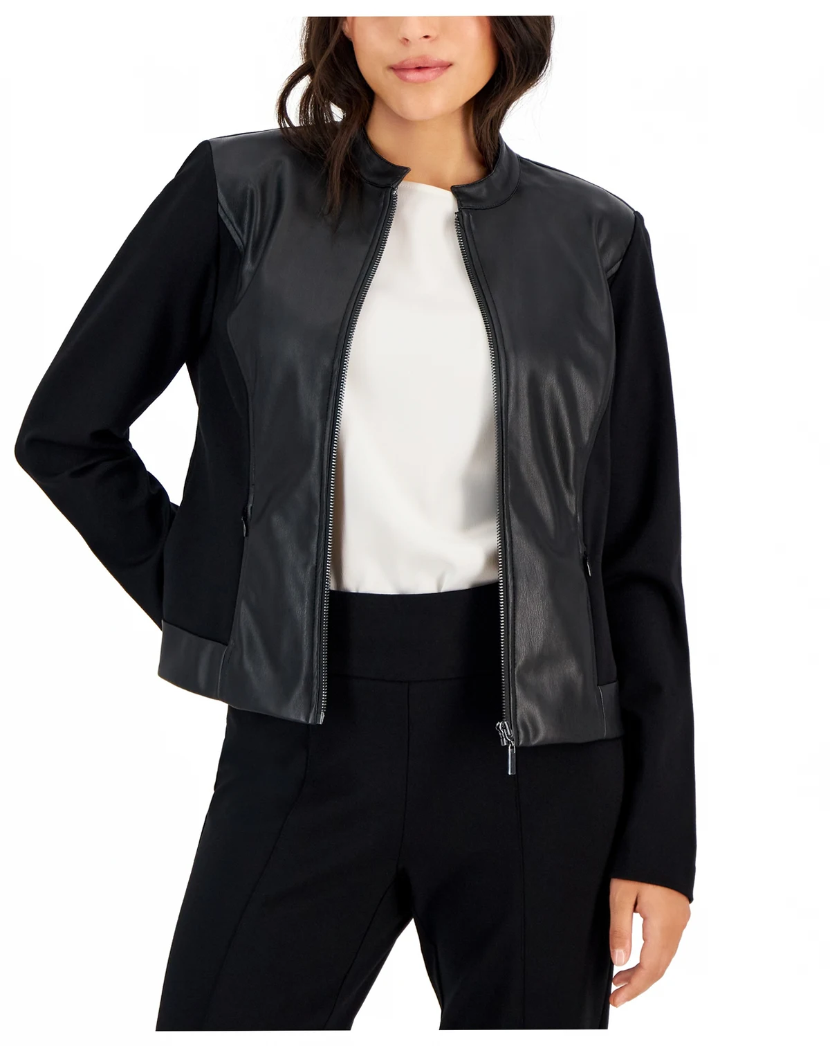 AK Anne Klein Petite Mandarin-Collar Zip-Up Jacket