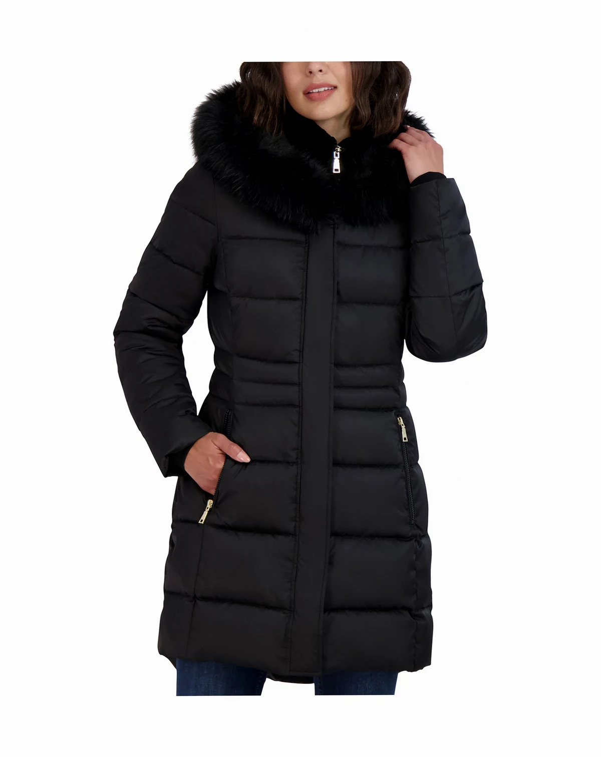 Womens Velvet Bibbed Faux-Fur Hooded Puffer Coat