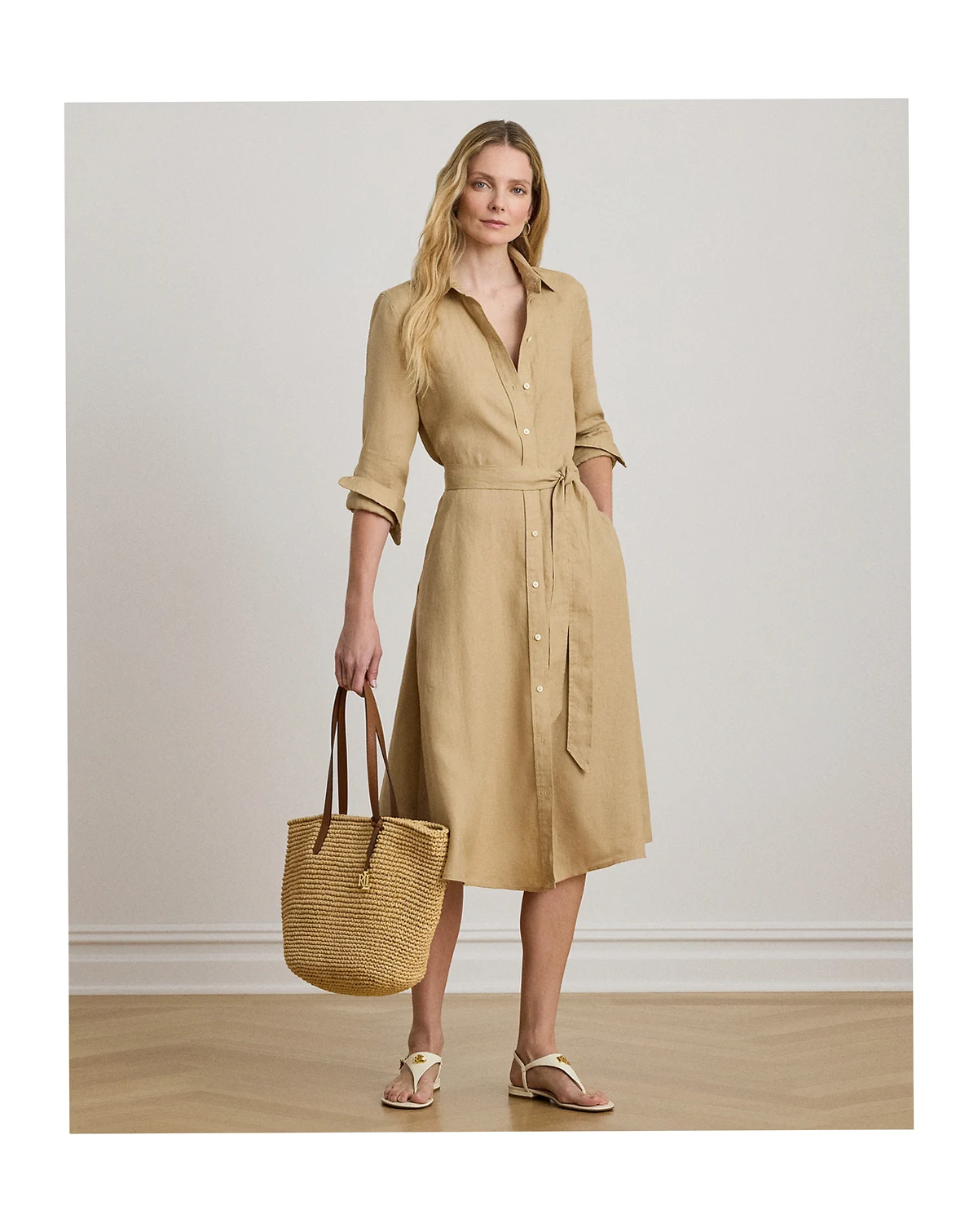 Petite Belted Linen Long-Sleeve Maxi Dress