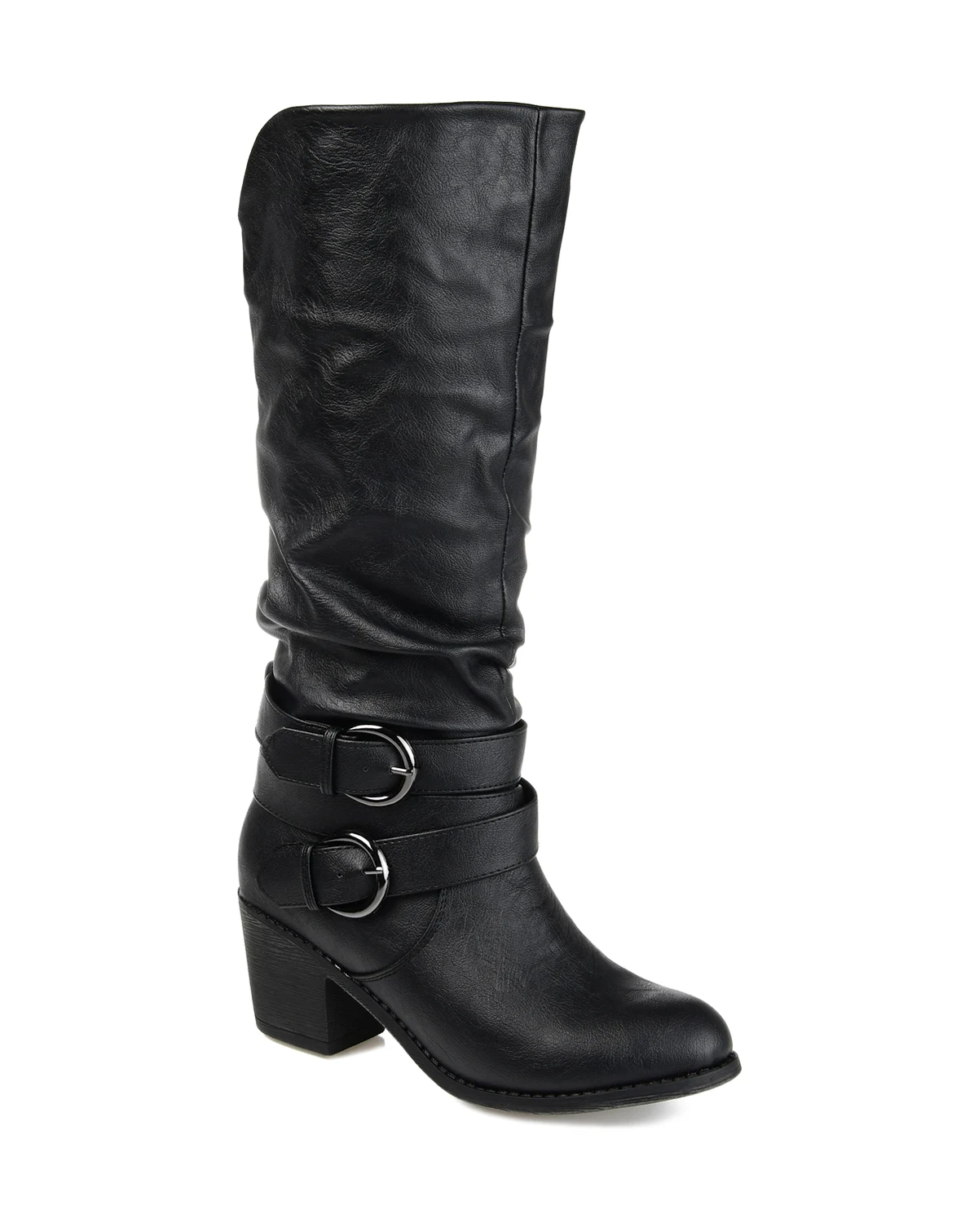 Women's Late Regular & Wide Calf Rouched Buckle Mid Shaft Block Heel Boots