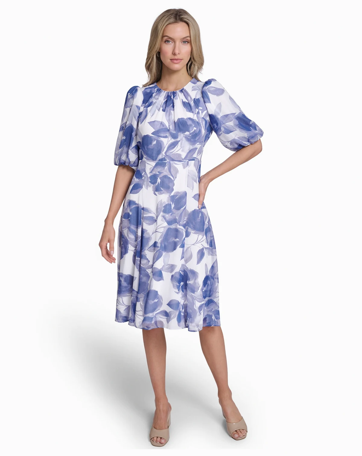 Petite Balloon-Sleeve Printed Midi Dress