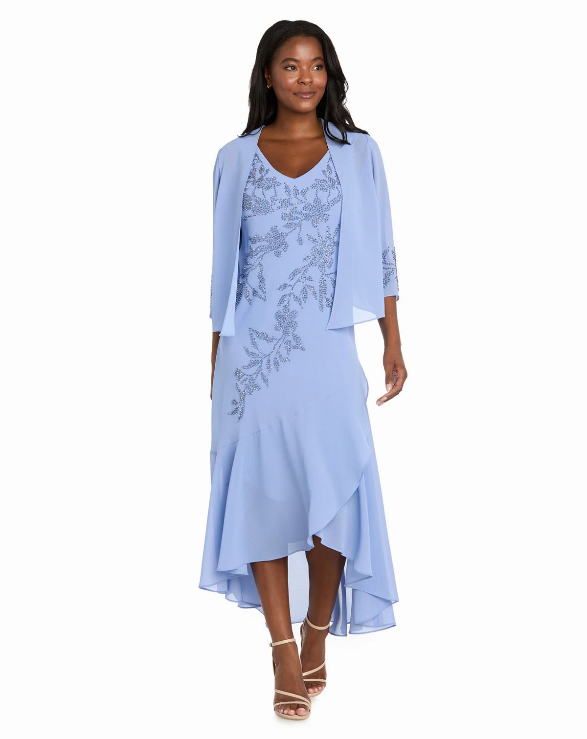 Petite Georgette Tea-Length V-Neck Dress with Removable Jacket