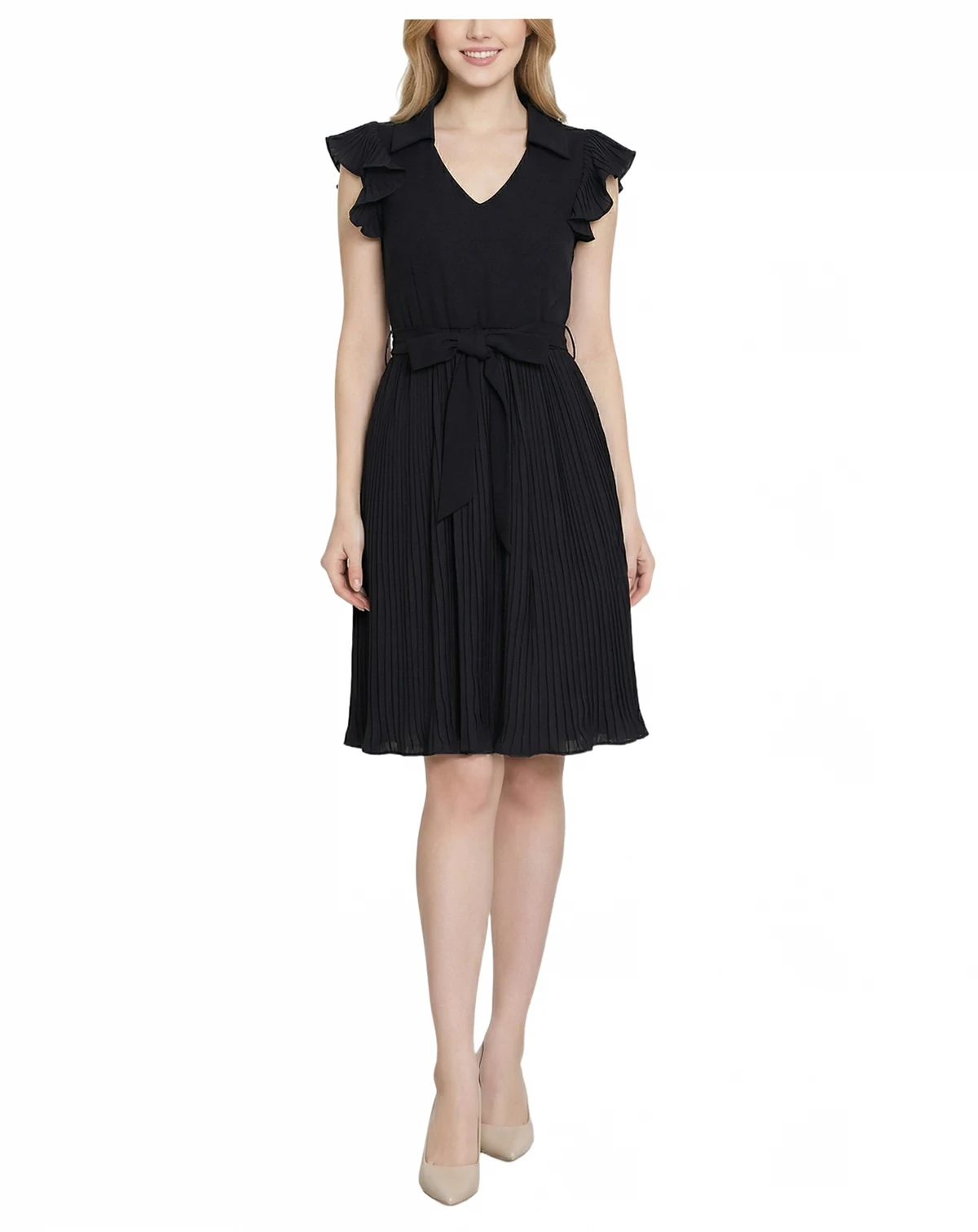 Petite Plisse Pleated Short-Sleeve Dress