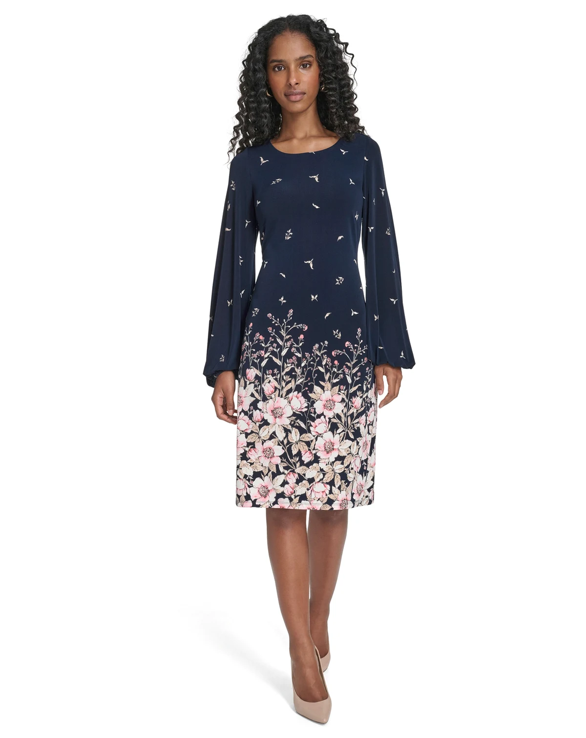Women's Balloon-Sleeve Border Print Jersey Shift Dress