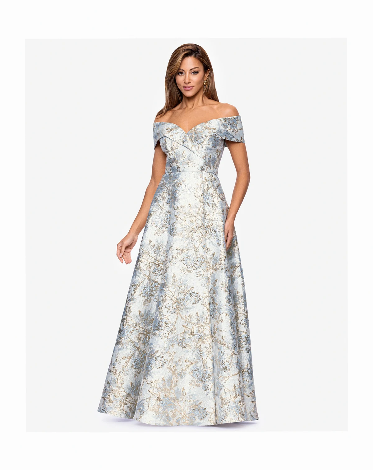 Petite Off-The-Shoulder Metallic Jacquard Gown