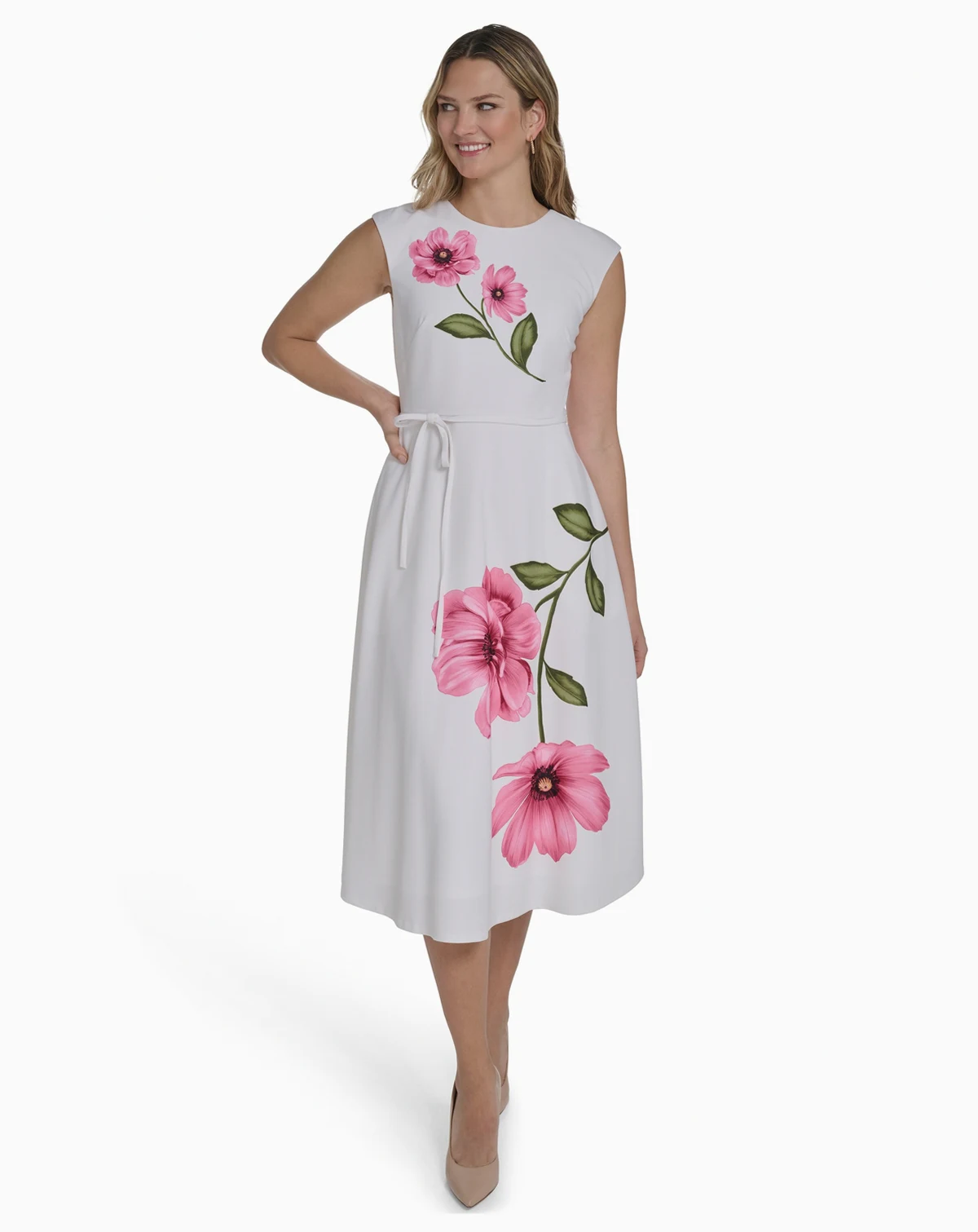 Petite Extended Cap Belted Jewel Neck Midi Dress