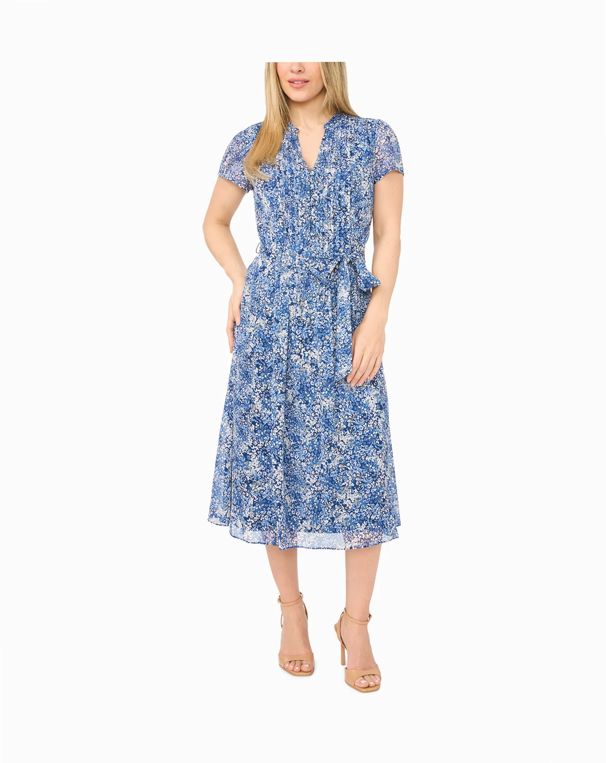 Petite Pintuck Split Neck Midi Shirt Dress