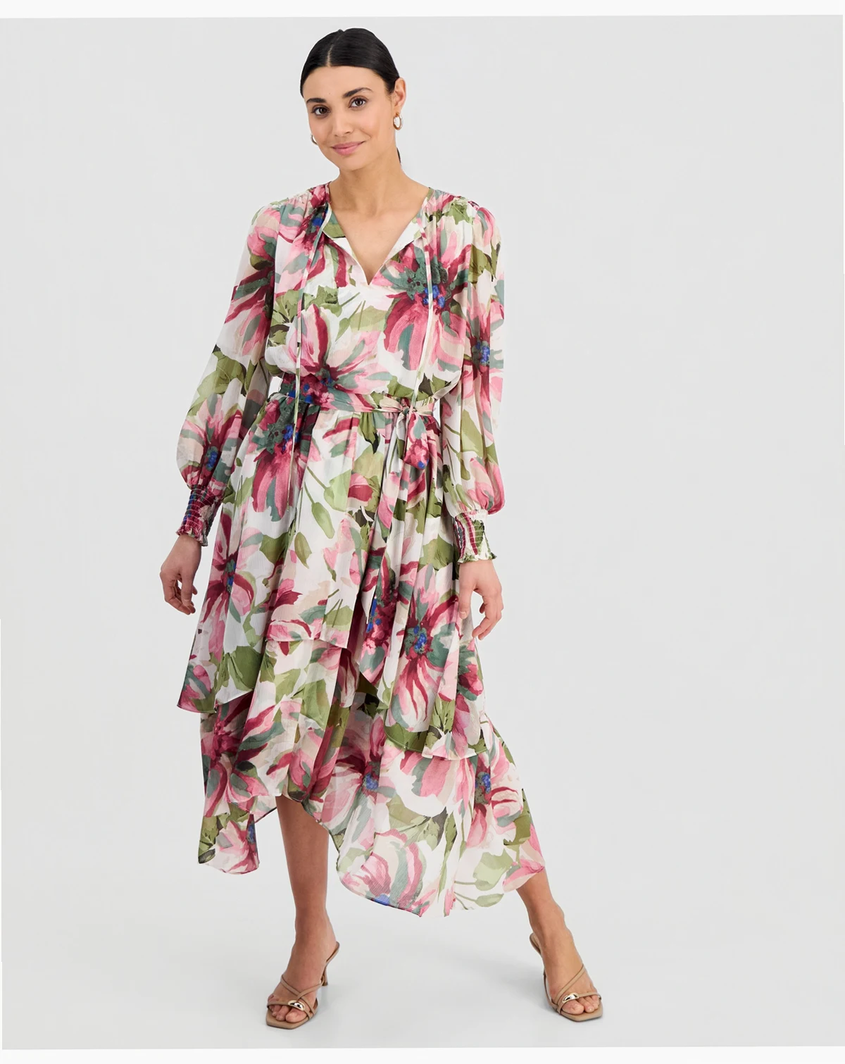 Petite Bubble-Sleeve Tie-Waist Tiered Dress, Created for Macy's