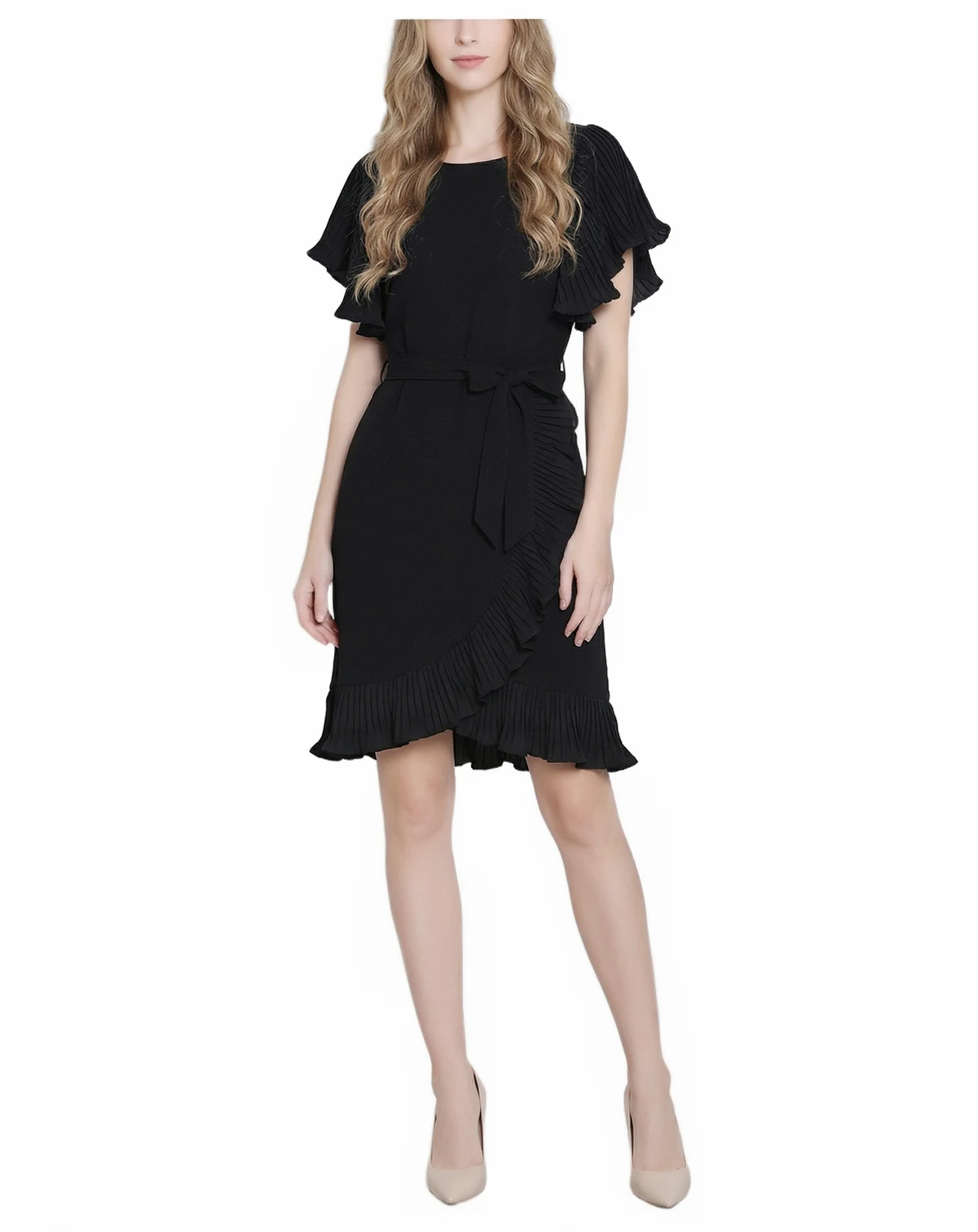 Petite Short-Sleeve Pleated Ruffle Dress