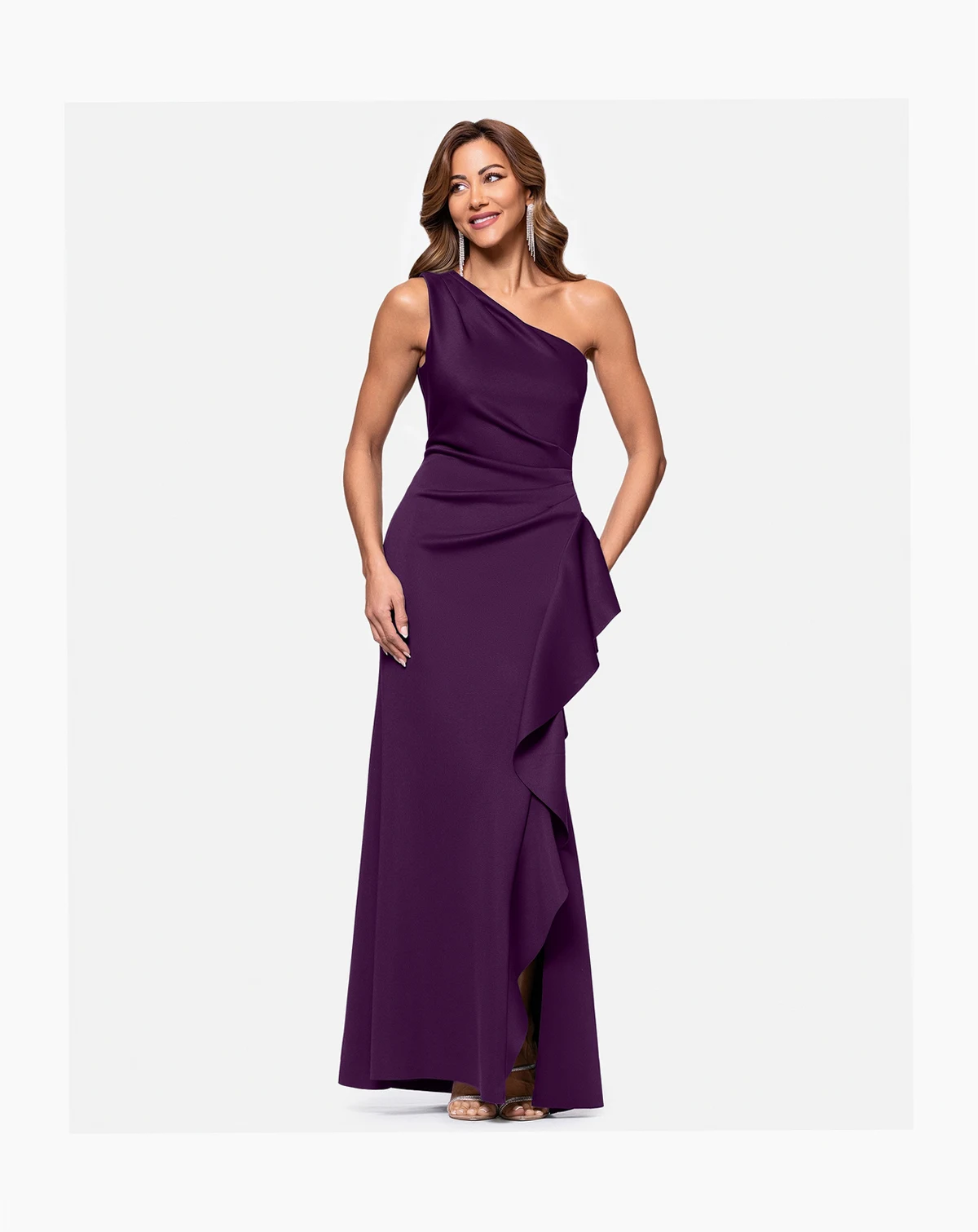 Petite Gathered-Waist One-Shoulder Evening Gown