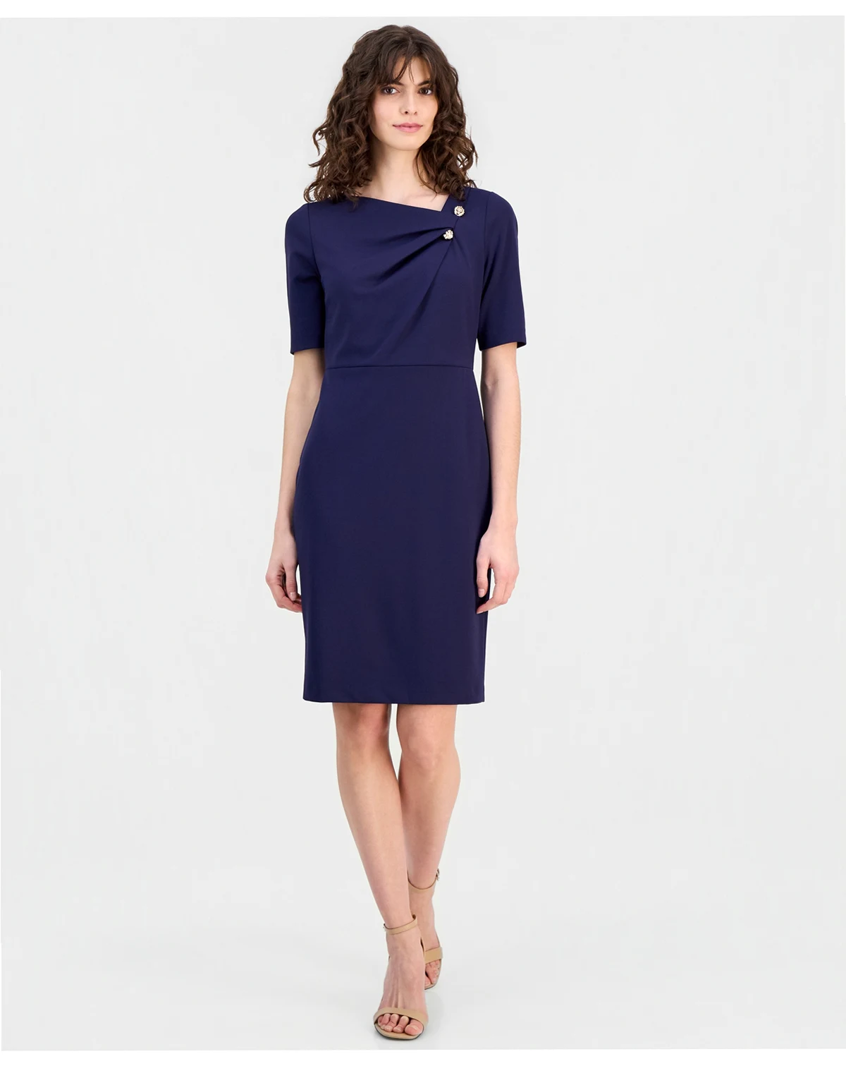Petite Asymmetrical Neck Short-Sleeve Dress