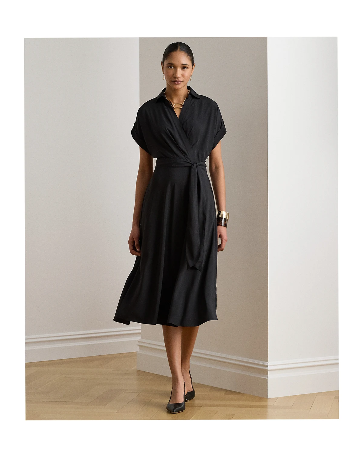Petite Belted Crepe Collared Dress