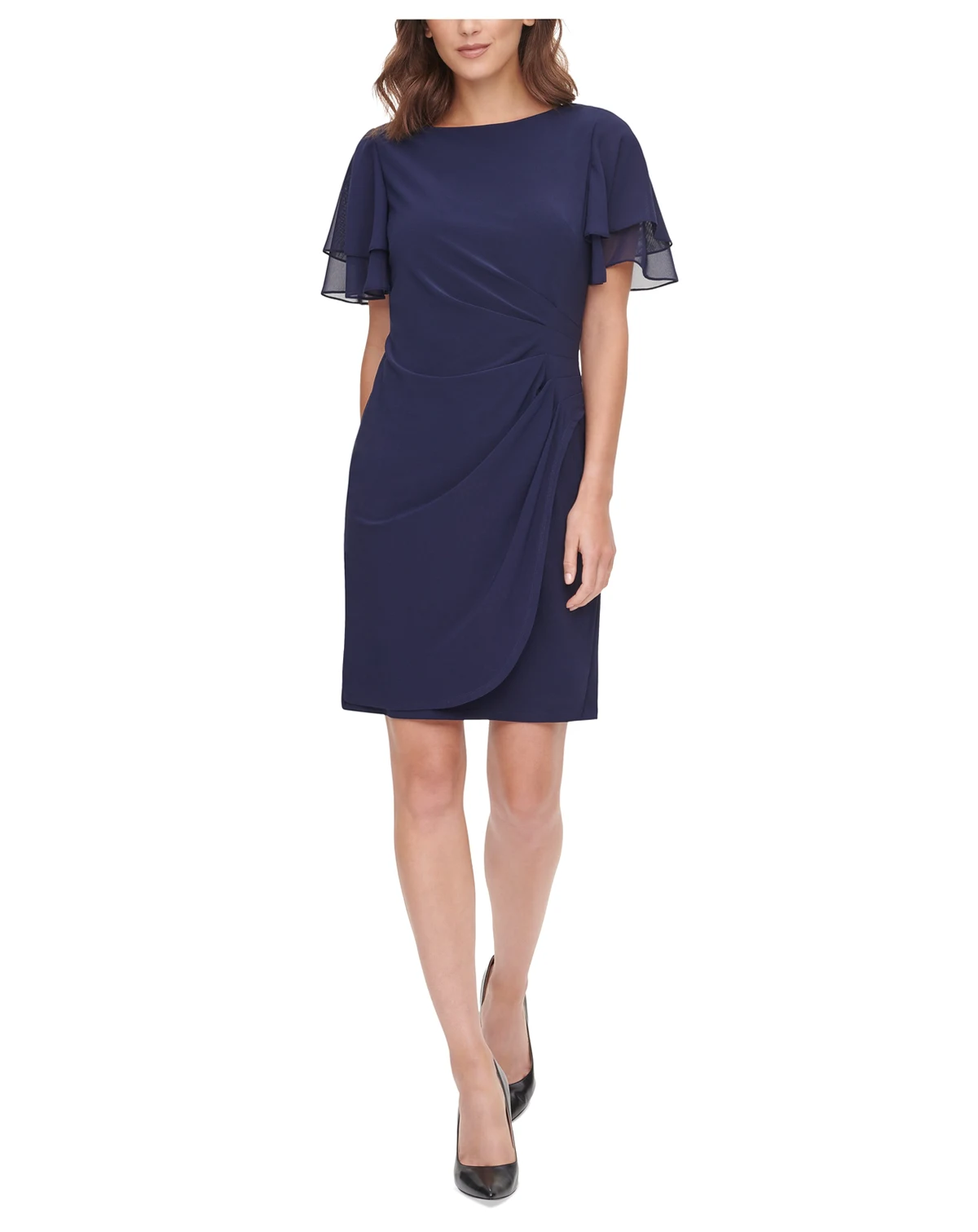 Petite Flutter-sleeve Sheath Knee Length Dress