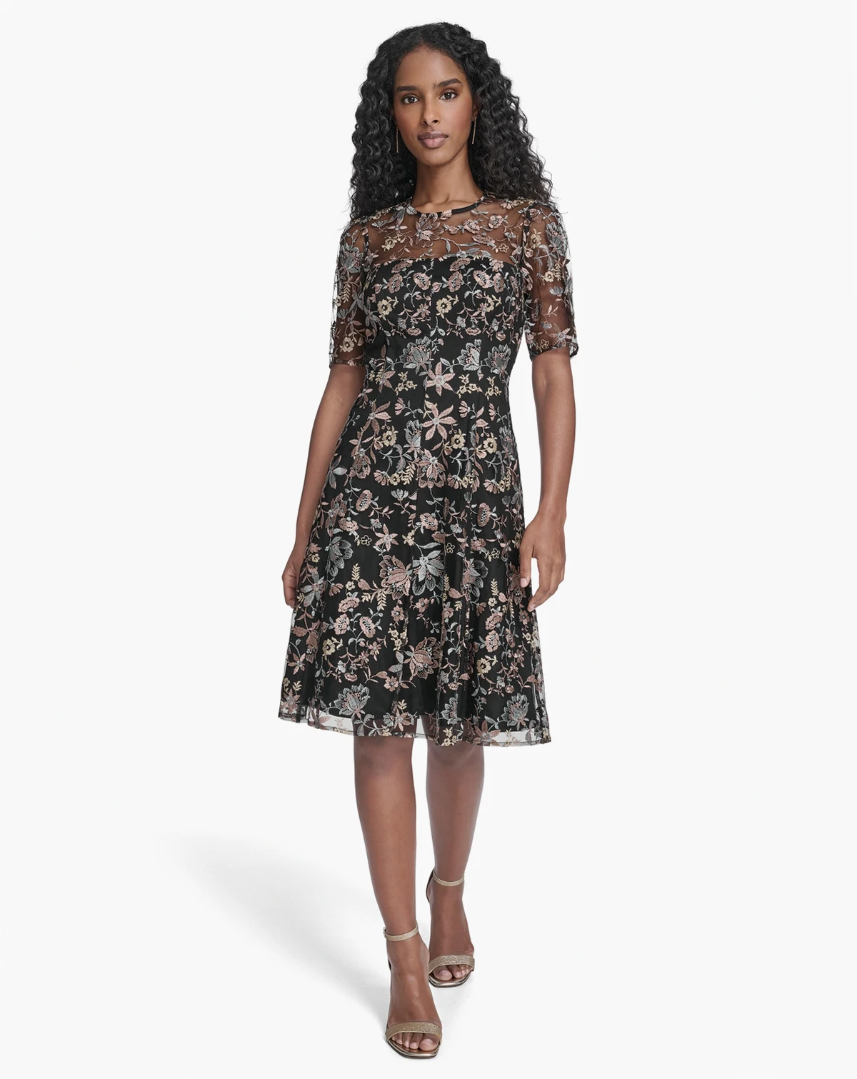 Petite Printed Elbow Sleeve Fit & Flare Dress