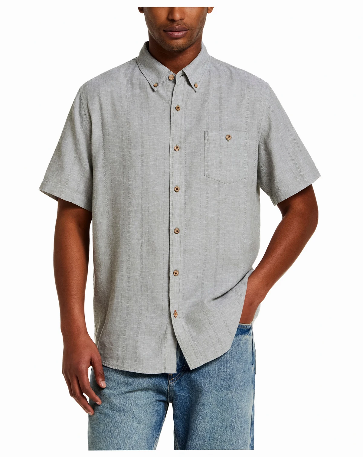 Men's Short-Sleeve Button Down Linen Cotton Vertical Dobby Striped Shirt