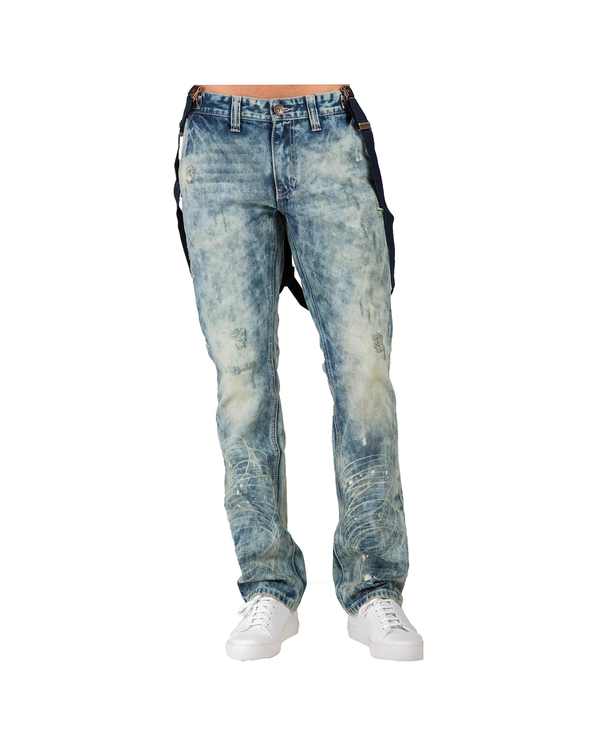 Men's Slim Straight Premium Jeans Distressed Acid Washed with Suspenders
