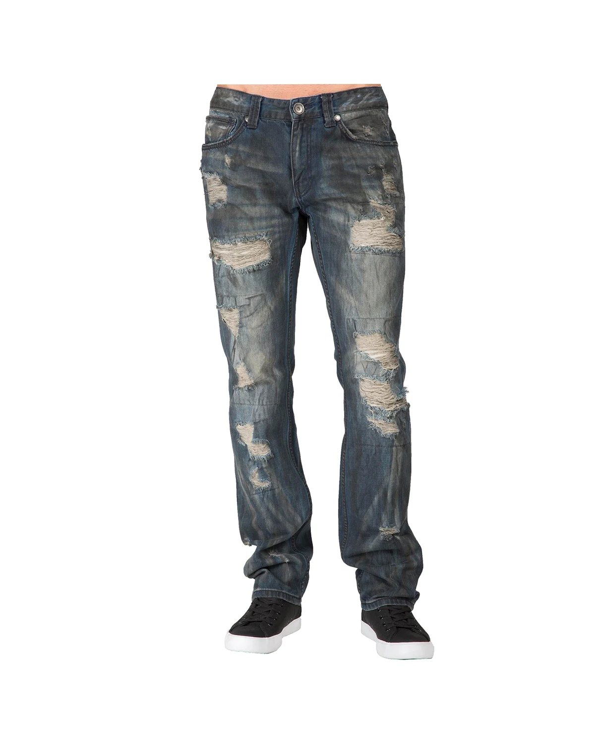 Men's Dark Tint Destroyed & Mended Slim Straight Premium Jeans