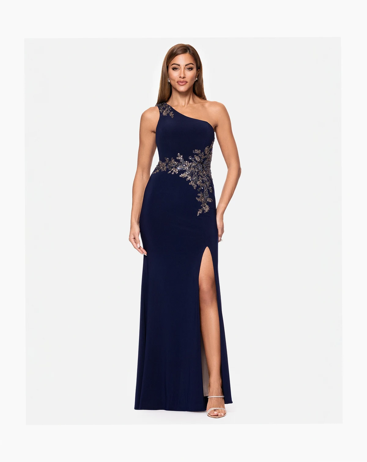Petite One-Shoulder Applique Ball Gown