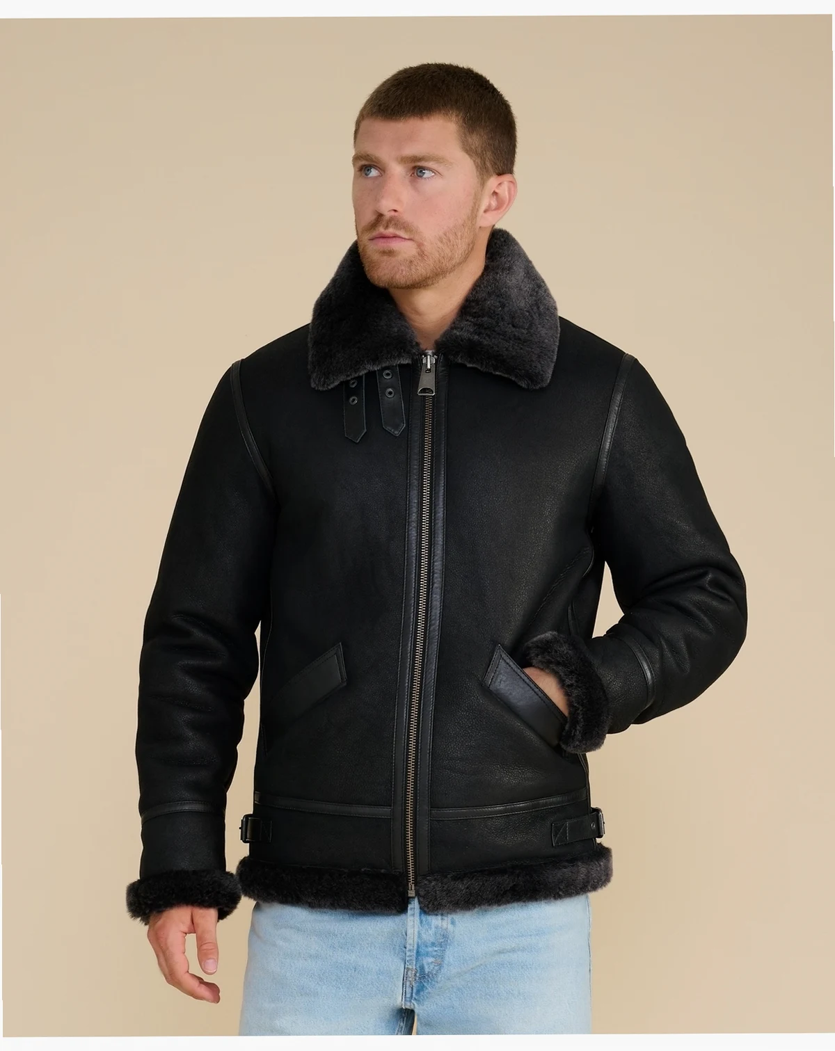 Men's Suede Shearling Jacket, Black