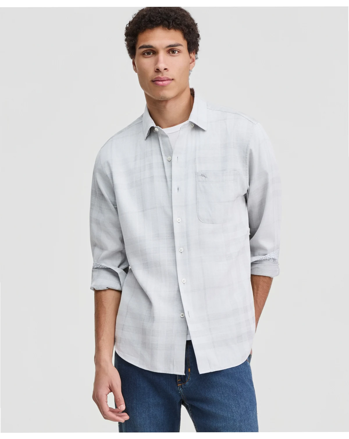 Men's Sliver Mist Long-Sleeve Plaid Button-Front Shirt