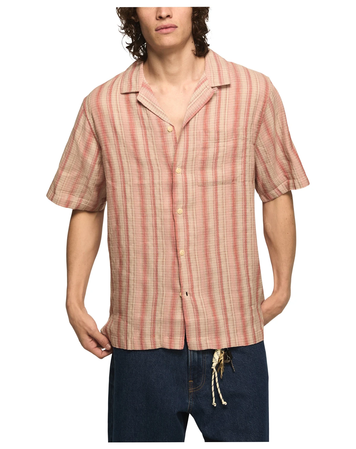 Men's Retro Stripe Camp Collar Short-Sleeve