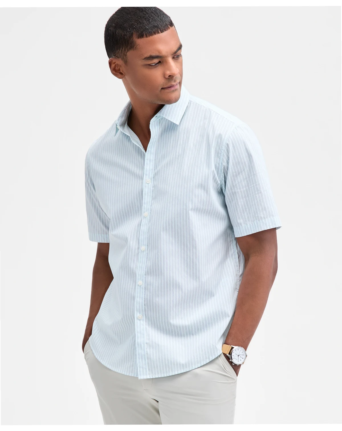 Men's Short Sleeve Striped Poplin Button-Front Shirt, Macy's Exclusive