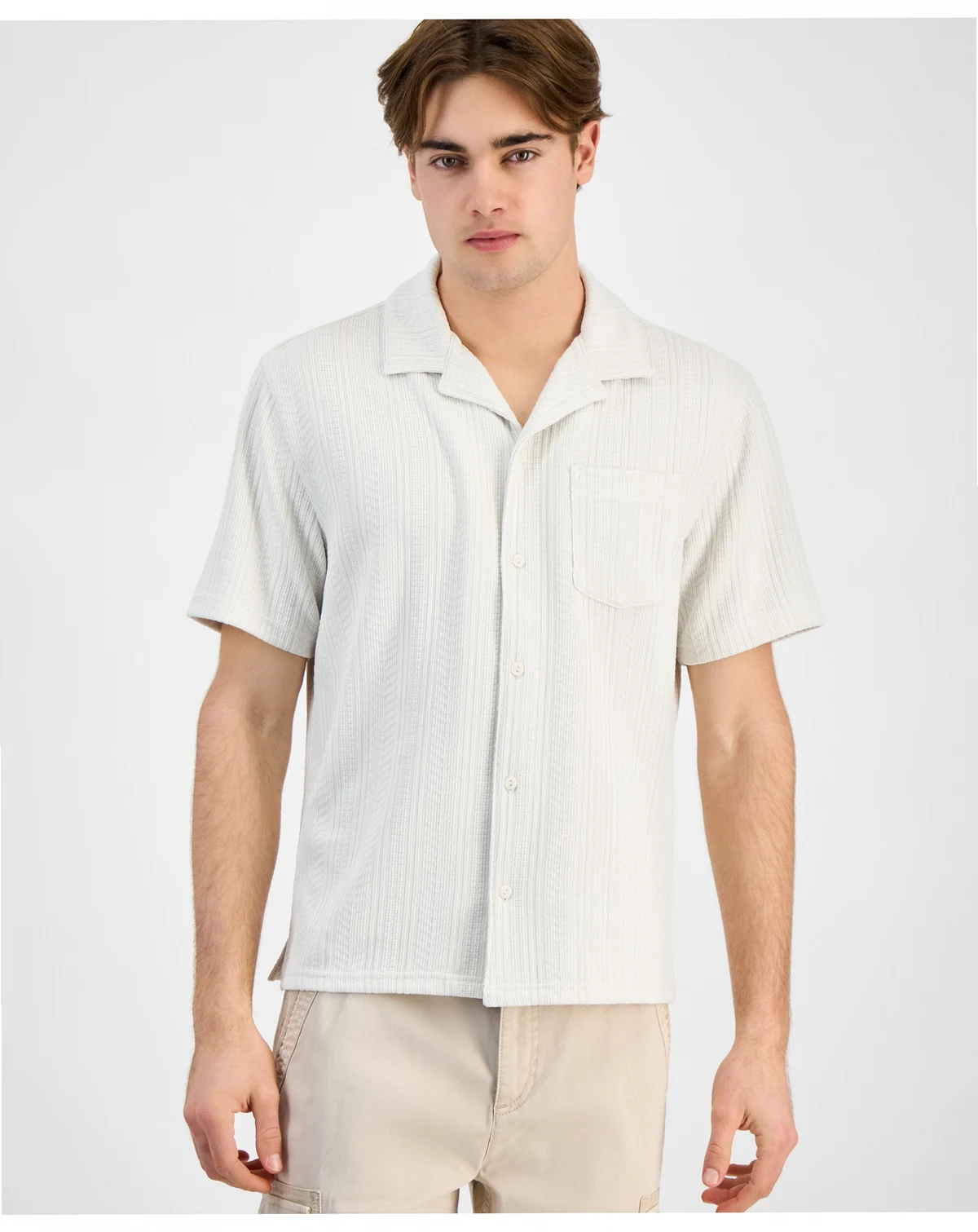 Men's Textured Chevron Knit Short Sleeve Button-Front Camp Shirt, Created for Macy's