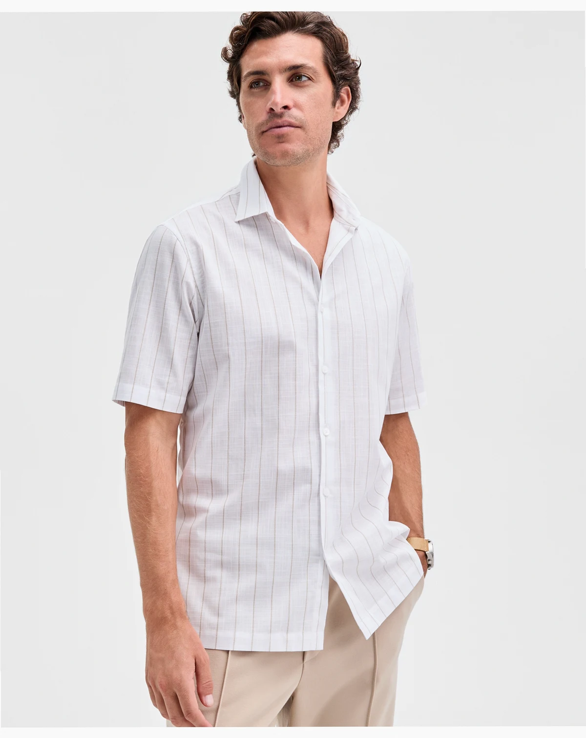 Men's Short Sleeve Poplin Spaced Stripe Button-Front Shirt, Macy's Exclusive