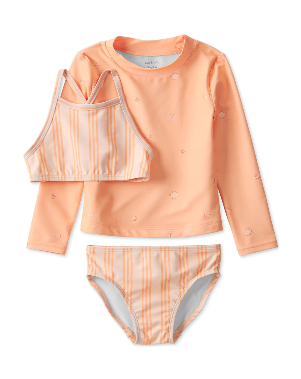 Toddler Girls' 2T-5T Striped Rashguard Swimsuit, 3-Piece Set