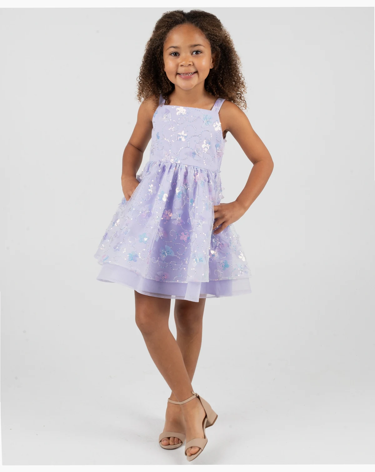 Girls 2T-6X All-Over Sequin and 3D Flowers Dress