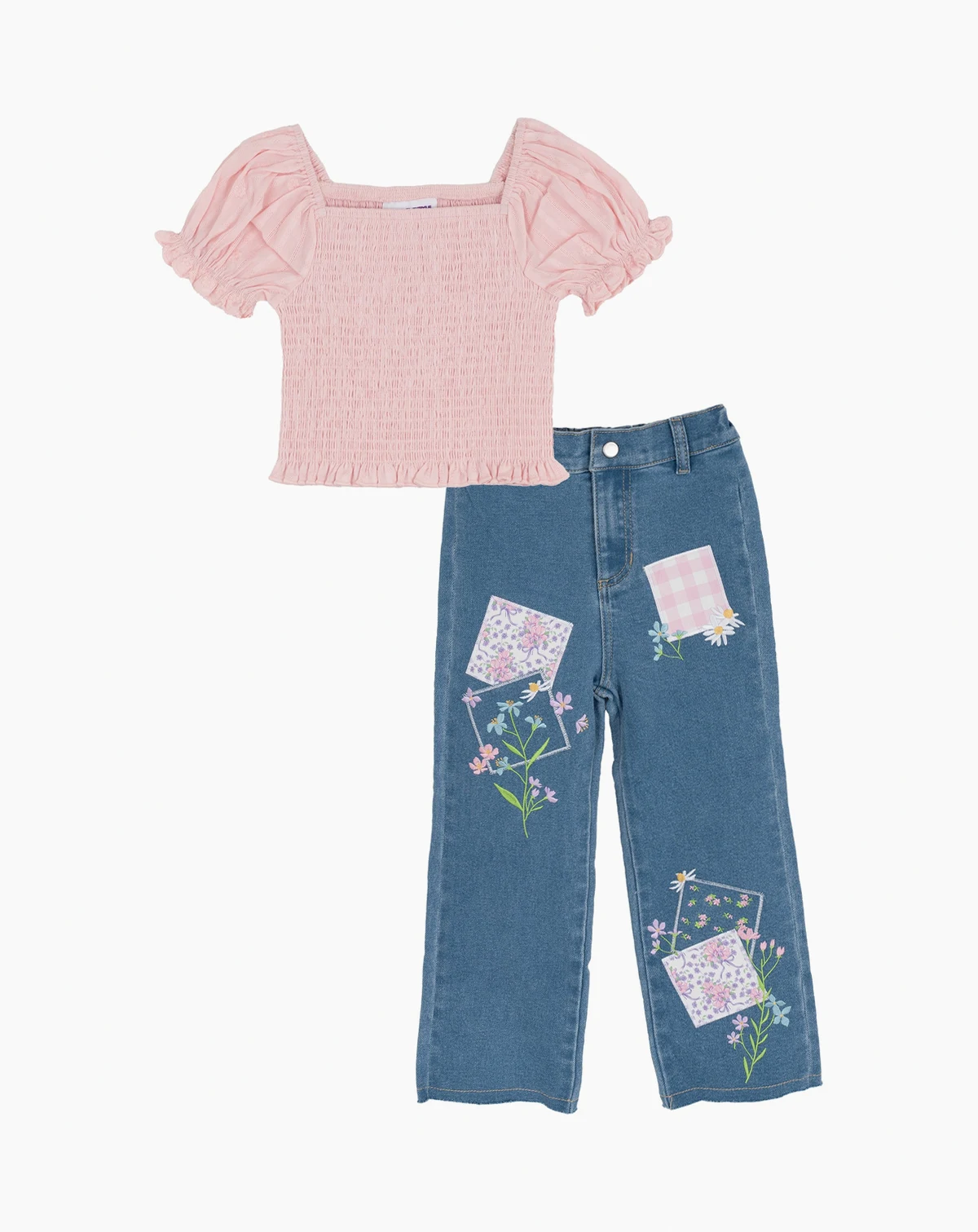 Girls' 2T-6X Smocked Top and Denim Pants, 2-Piece Set