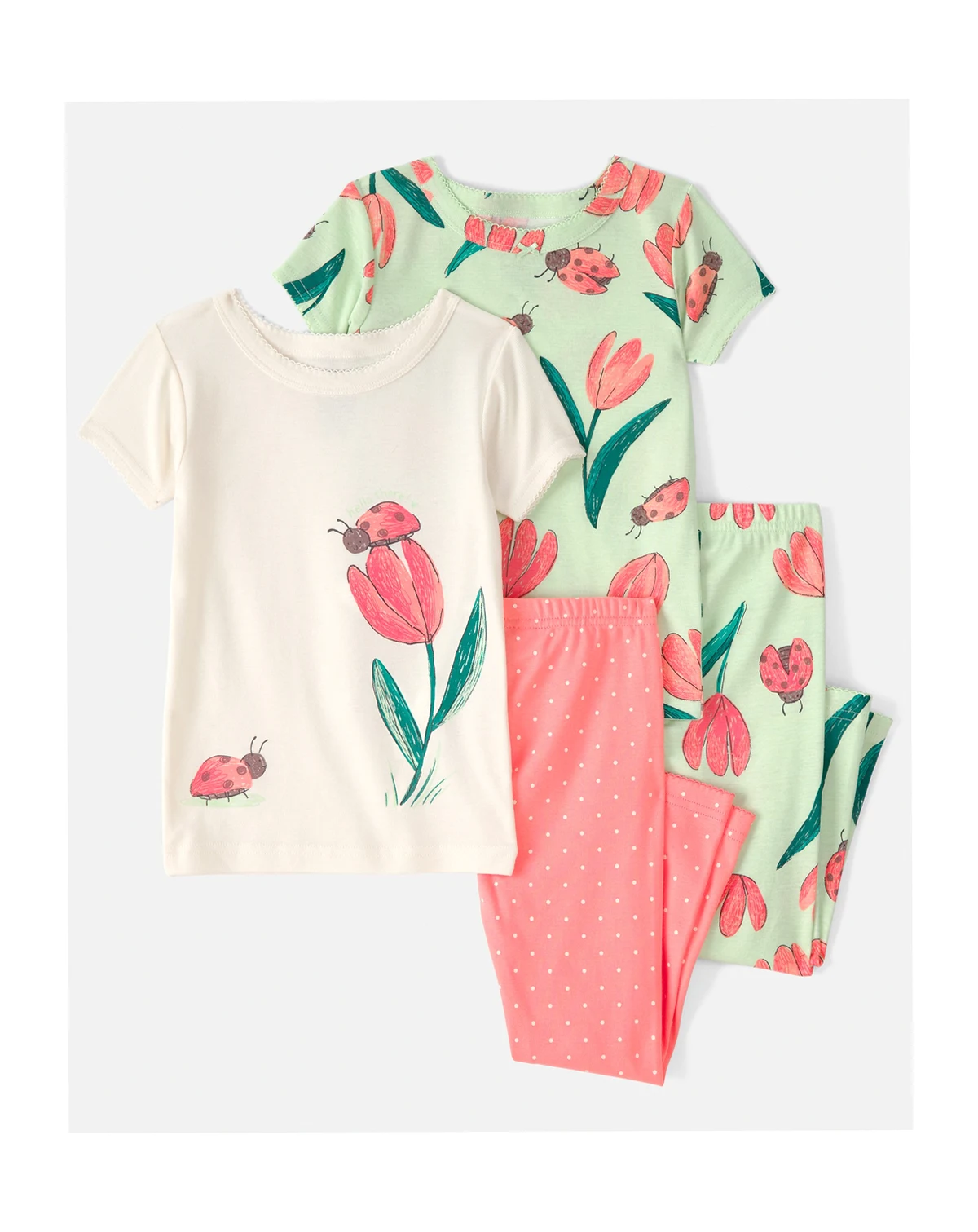 Girls' Toddler 2T-5T Ladybug Floral Top and Pajama Pants, 4-Piece Set