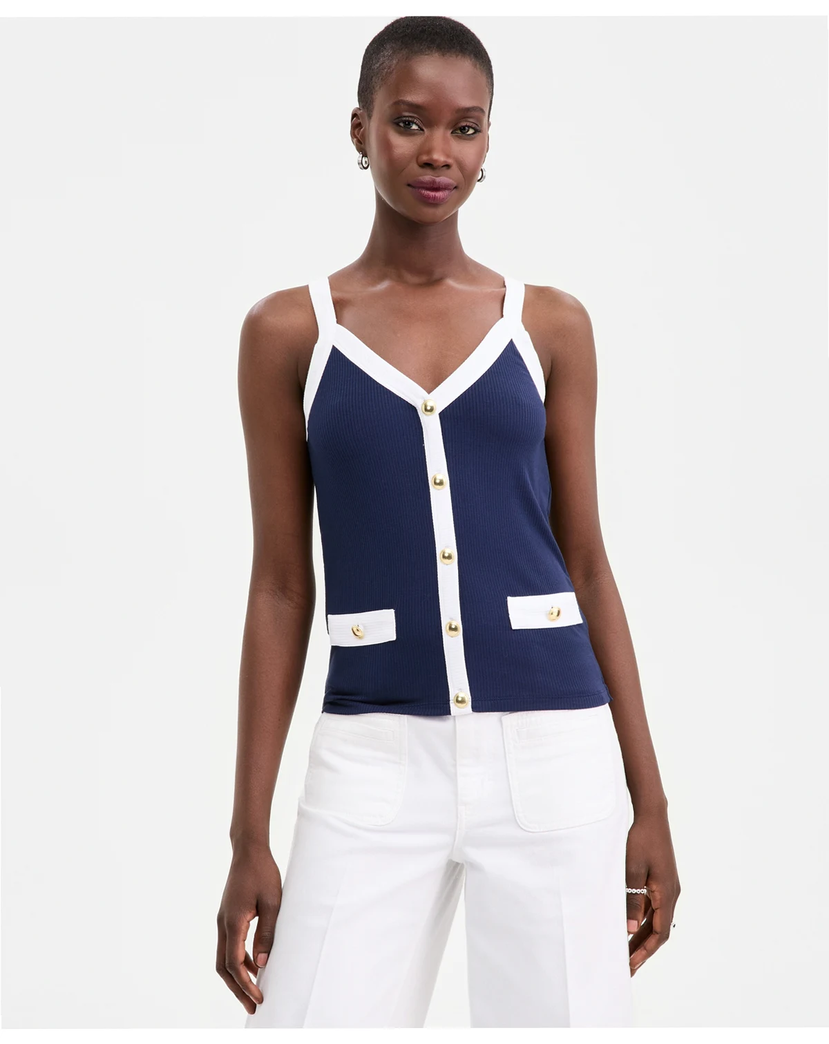Women's Knit Solid Colored-Trim Button-Up Tank Top, Macy's Exclusive