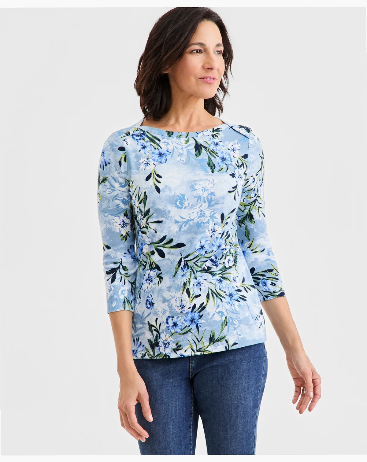 Women's Printed Pima Cotton 3/4-Sleeve Boat-Neck Top, Macy's Exclusive