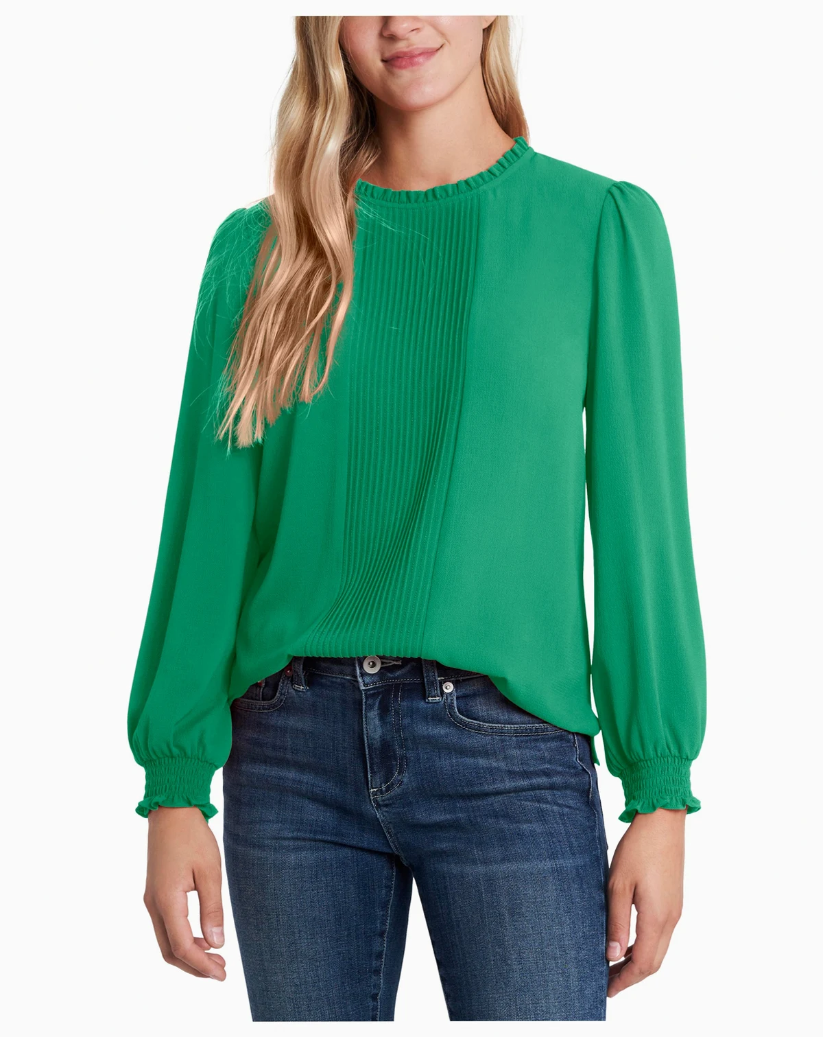 Women's Long Sleeve Smocked Cuff Pin-Tuck Front Blouse