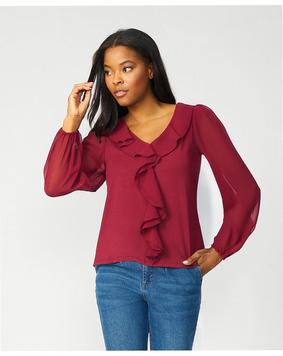 Women's Poet Chiffon Ruffle & V-Neck Knit Top