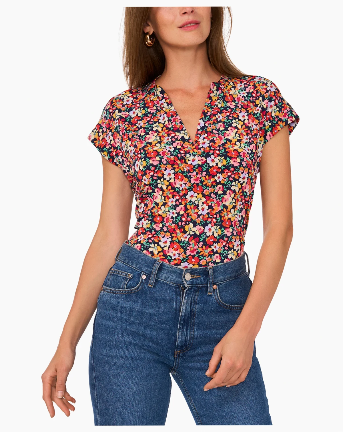 Women's Floral-Print Split-Neck Cap-Sleeve Top
