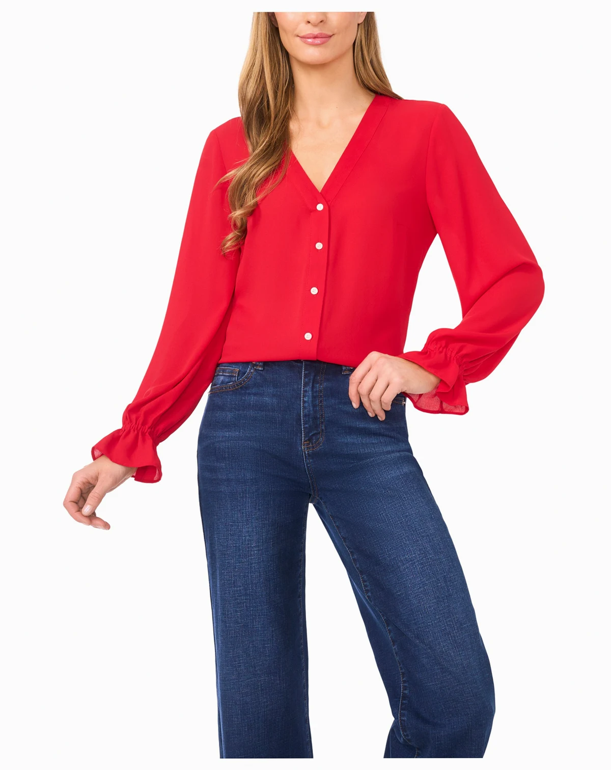 Women's V-Neck Button Down Lace Flounce Trim Top