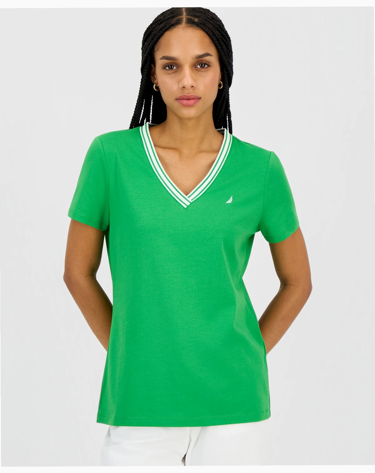Women's Solid Stripe-Trim V-Neck