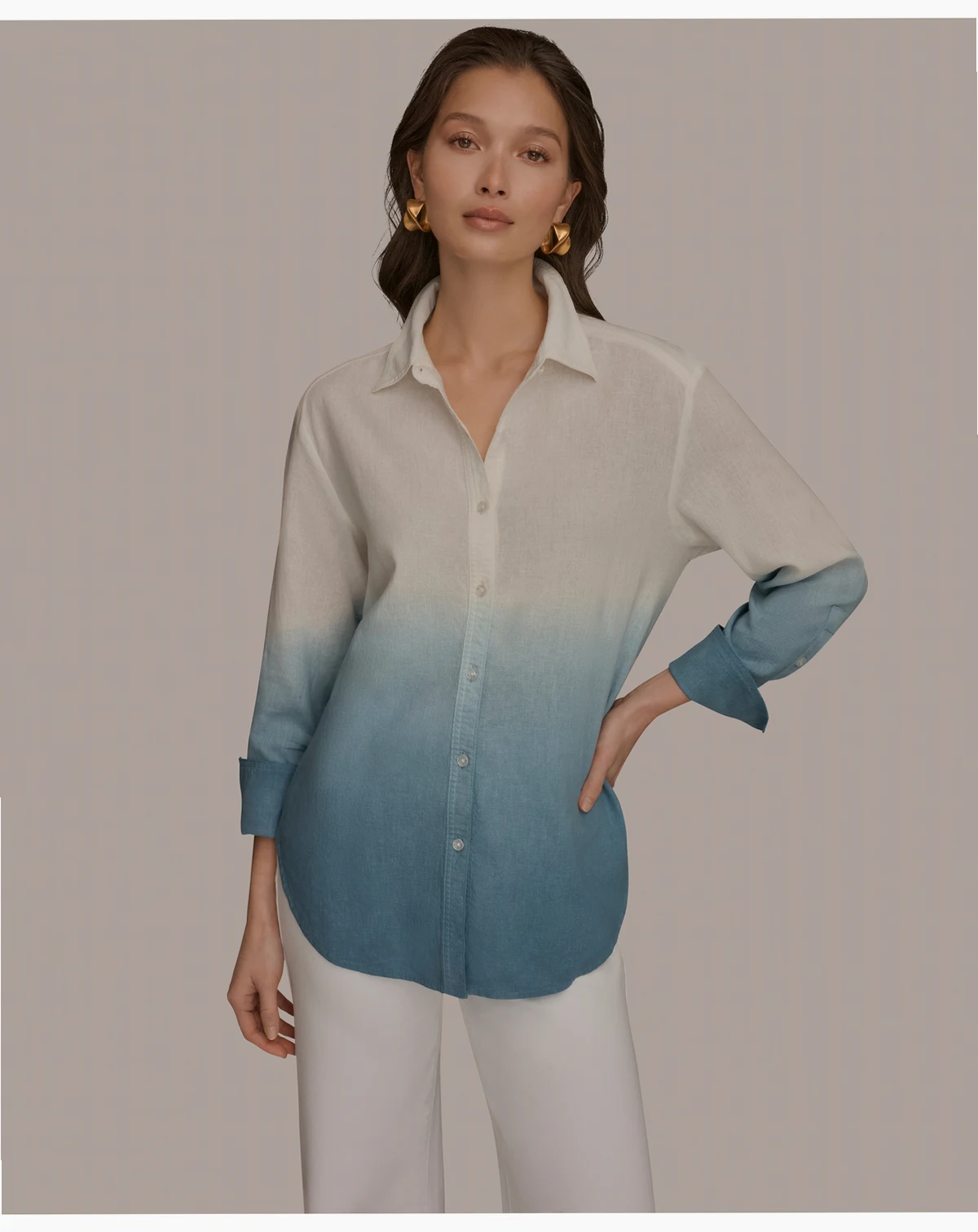 Women's Linen Dip Dye Long-Sleeve Button-Front Shirt