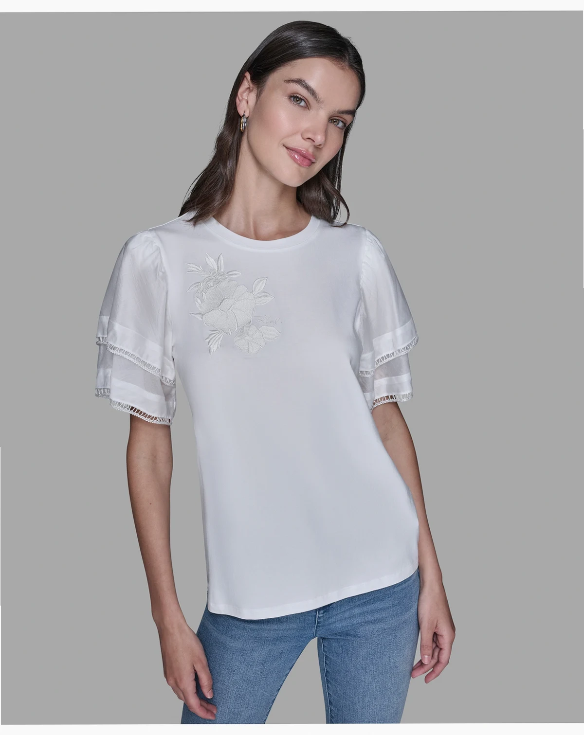 Women's Ruffled Crewneck Floral Top