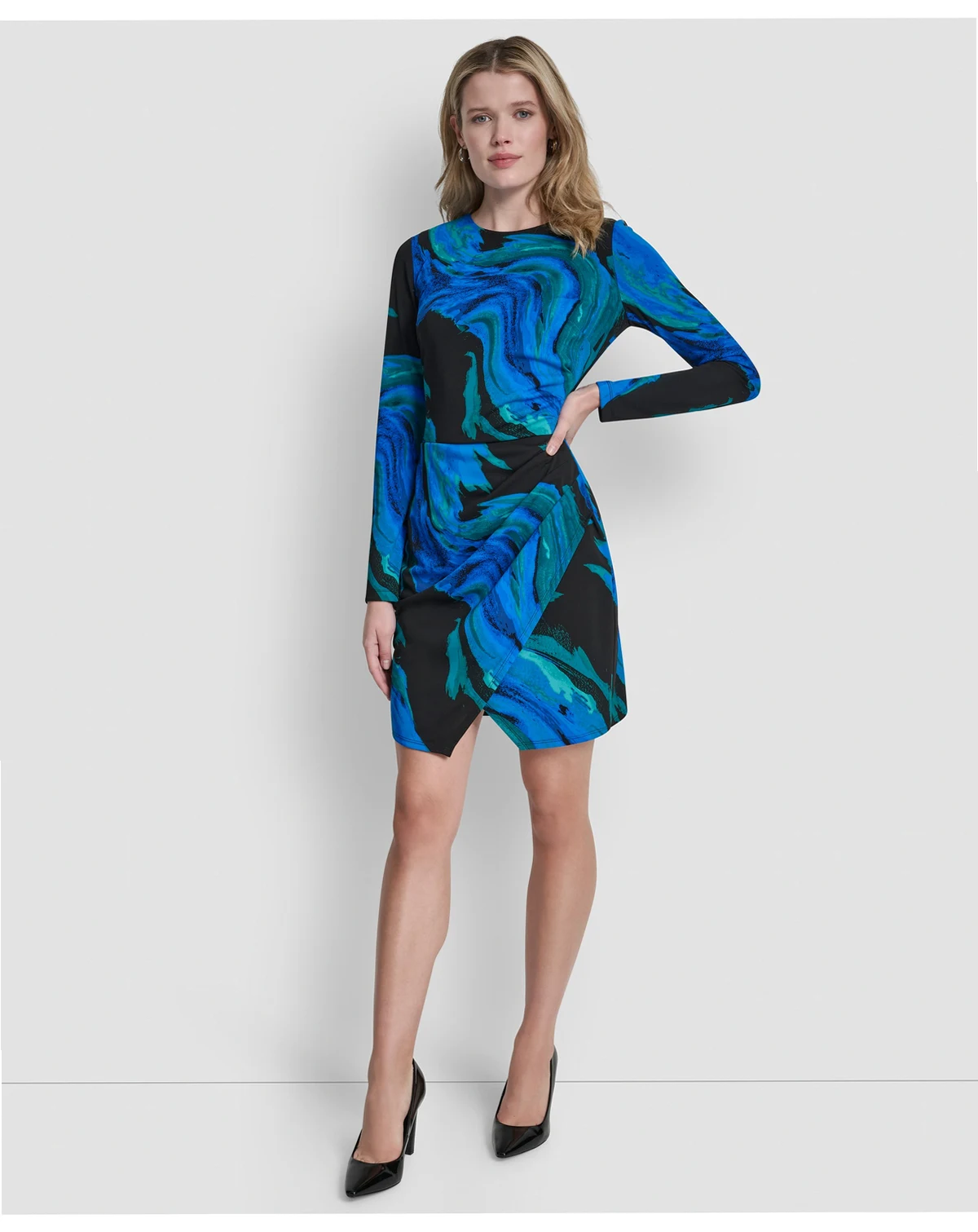 Women's Long Sleeve Jewel Neck Ruched Skirt Dress
